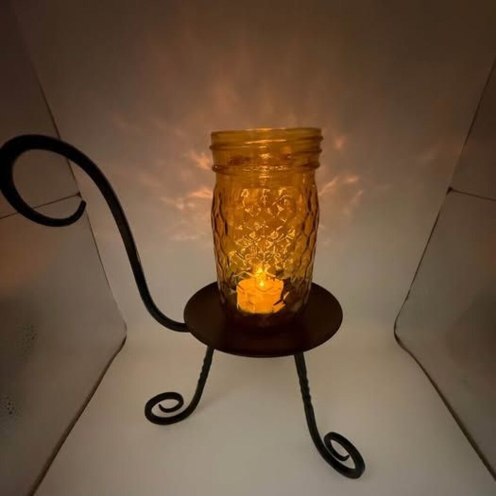 Vintage Wrought Iron & Amber Glass Centerpiece - Fall / Halloween Decor